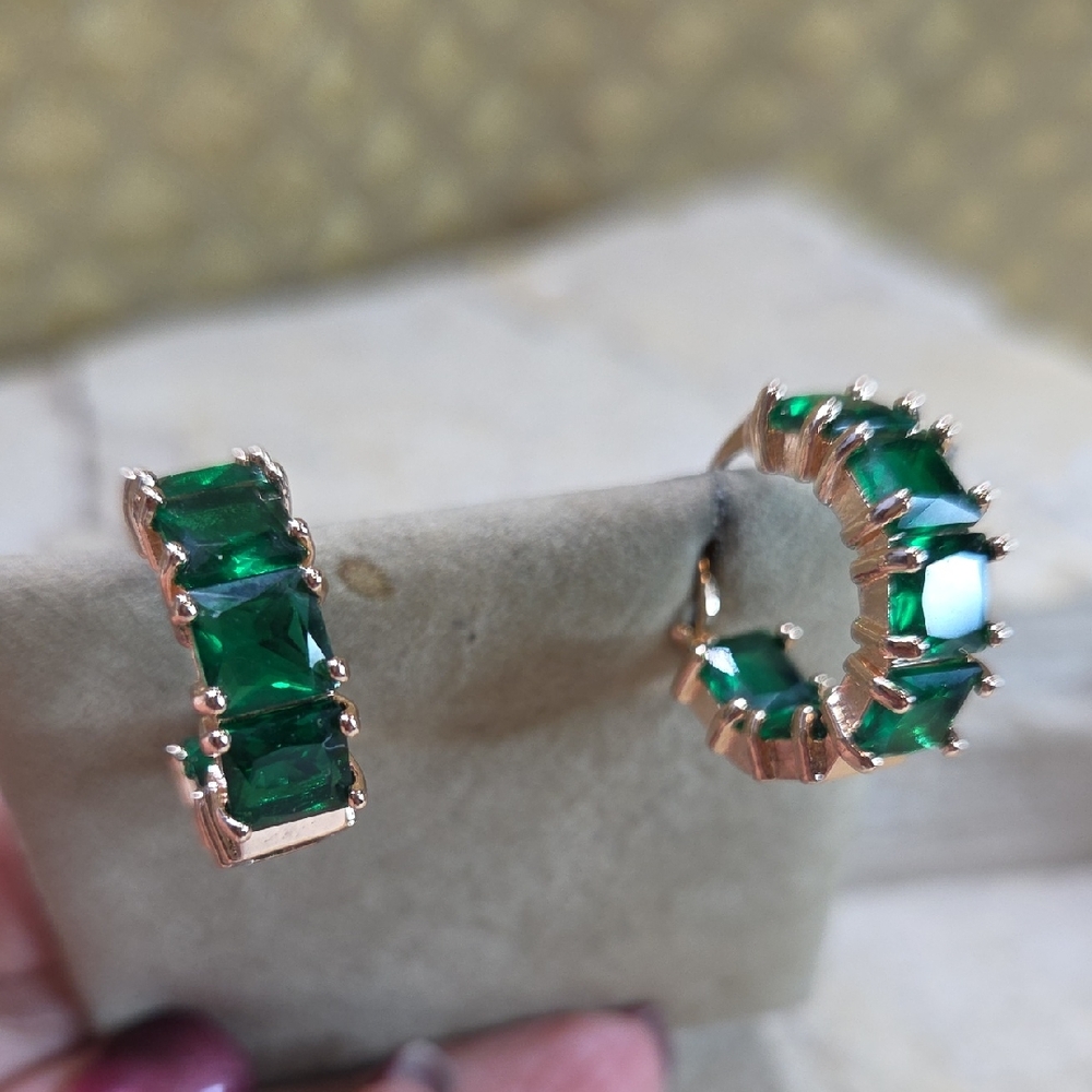 Emerald Green CZ Gold Tone Hoop Earrings